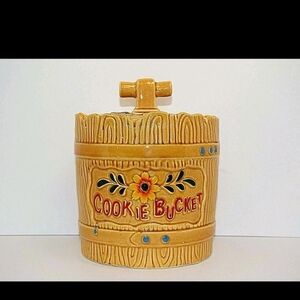 Vintage Cookie Bucket Jar Ceramic Flower Wood Grain Kitchen Decor
